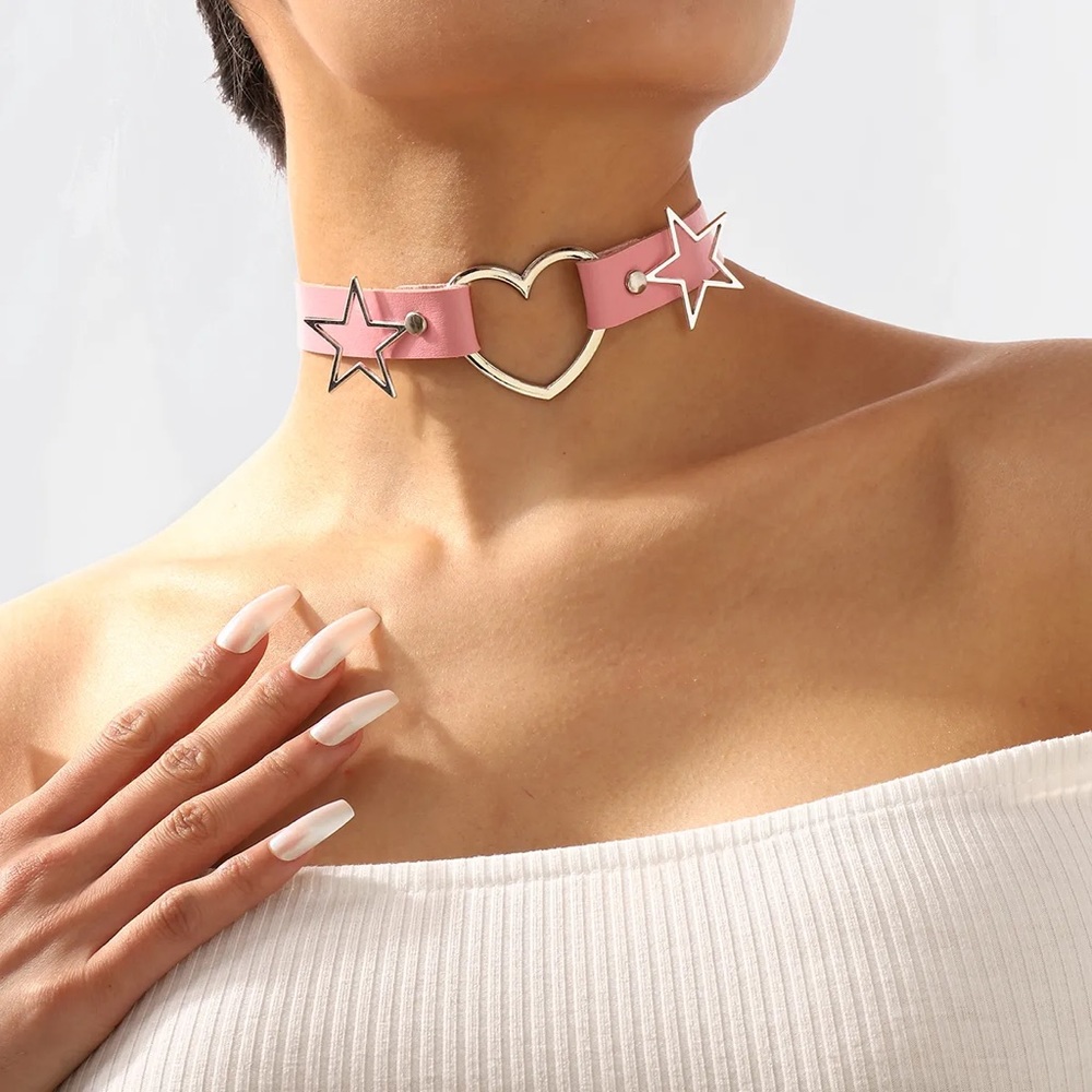 Pink Punk Pentagram Heart Shape Alloy Iron Plating Silver Plated Women's Choker